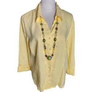 JM Collection Yellow Linen Blouse Womens 16 Button Up Necklace Career Wear Boho